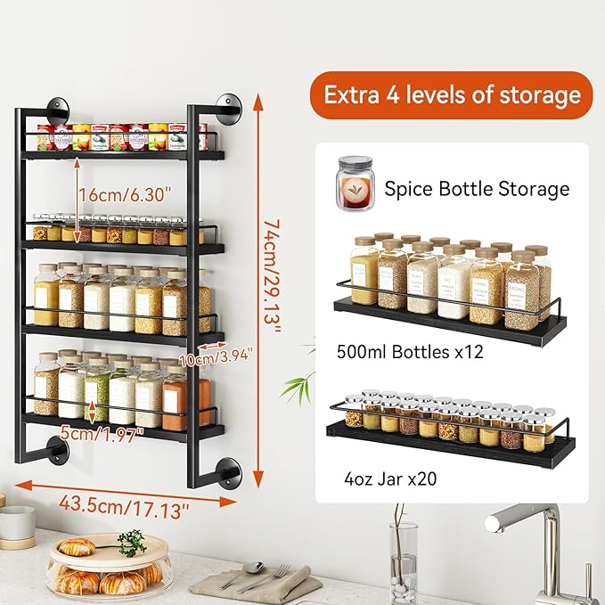 IBUYKE Spice Rack Wall Mount,4 Tier Hanging Seasoning Organizer, Spice Rack for Wall for up to 50 Jars,Spice Organization for Kitchen Cabinet,Living Room,Bathroom,Pantry,Black UTLJ016B-Ruum Studio Home