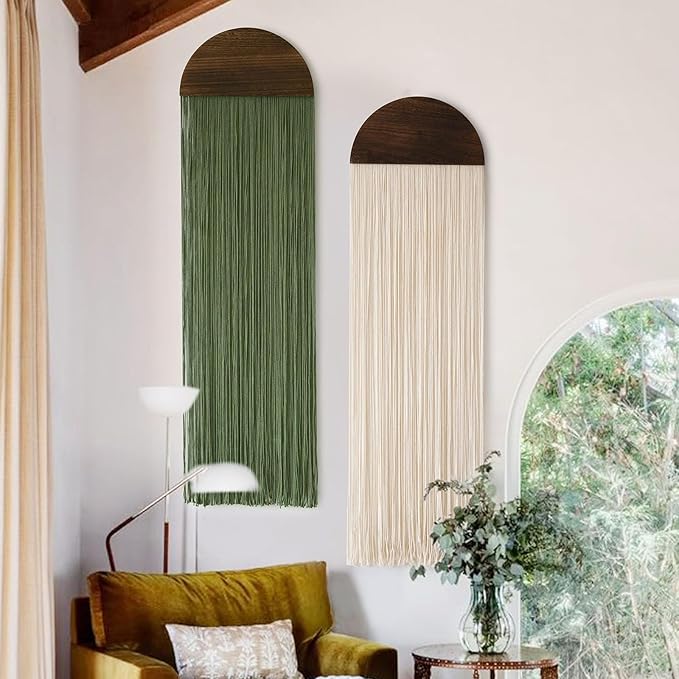 Flber 2 Pcs Macrame Wall Hanging Boho Decor Wall Tapestry Handmade Round Tassel 13.7" W x 51" L For Living Room Bedroom Headboard Decor-Ruum Studio Home
