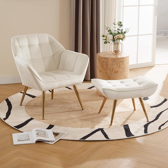 Modern Velvet Accent Chair with Ottoman, Upholstered Lounge Chair with Footrest, Comfy Living Room Chair with Gold Legs Accent Side Chair Armchair for Small Space Bedroom Apartment, Beige-Ruum Studio Home