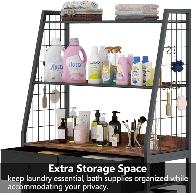 Laundry Hamper Laundry Basket with 3 Section Pull-Out Rolling Bags & 2-Tier Storage Shelf, Laundry Sorter for Organization and Storage with 2 Drawers for Laundry Room, Bathroom-Ruum Studio Home