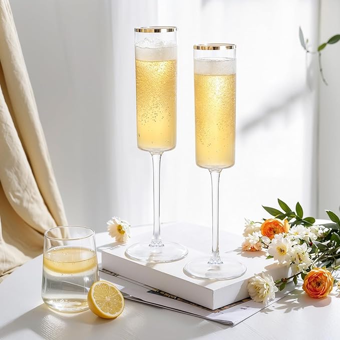 Ciaell 24 Pack Plastic Champagne Flutes - 6Oz Gold Rim Disposable Champagne Glasses - Square Clear Plastic Toasting Glasses for Party Birthday Anniversary Wedding-Ruum Studio Home