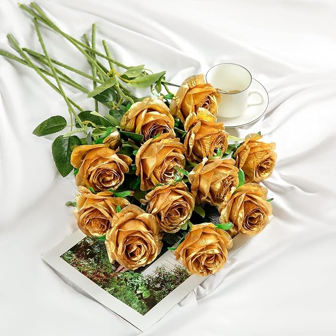 Gold Fake Roses Artificial Flowers - 10 Pcs Fake Artificial Roses Silk Flowers with Stems for Home Wedding Hotel Office Centerpiece Decor-Ruum Studio Home