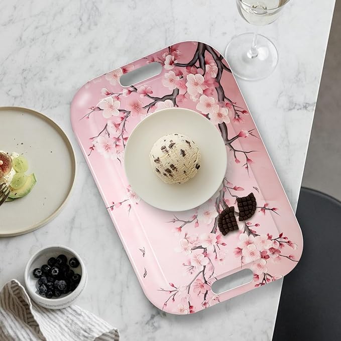 Serving Trays with Handles, 14.5 x 9.8 inch Rectangular Plastic Tray for Restaurant, Kitchen, Pink Cherry Blossom-Ruum Studio Home