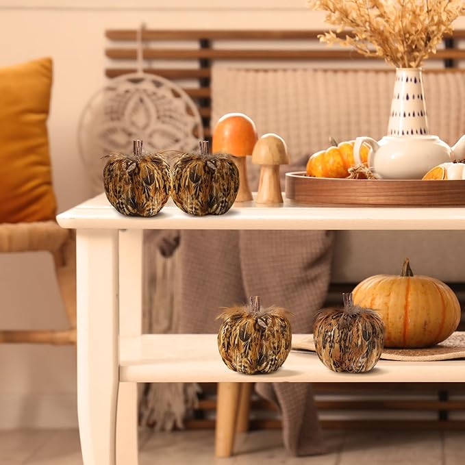 naturevibe 4.3 Inches Elegant Feathered Pumpkin Decor Set of 4 for Thanksgiving Decorations, Natural Feather Pumpkins as Fall Home Decor,Centerpieces for Tables or Autumn Harvest Gifts-Ruum Studio Home
