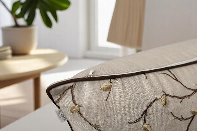 VAGMINE Embroidered Pussy Willow Throw Pillow Cover - 20x20 Inches Square - 100% Linen Natural Throw Pillowcase - Elegant Neutral Floral Design - Minimalist Rustic Home Accent for Sofa, Bed, Lounge-Ruum Studio Home