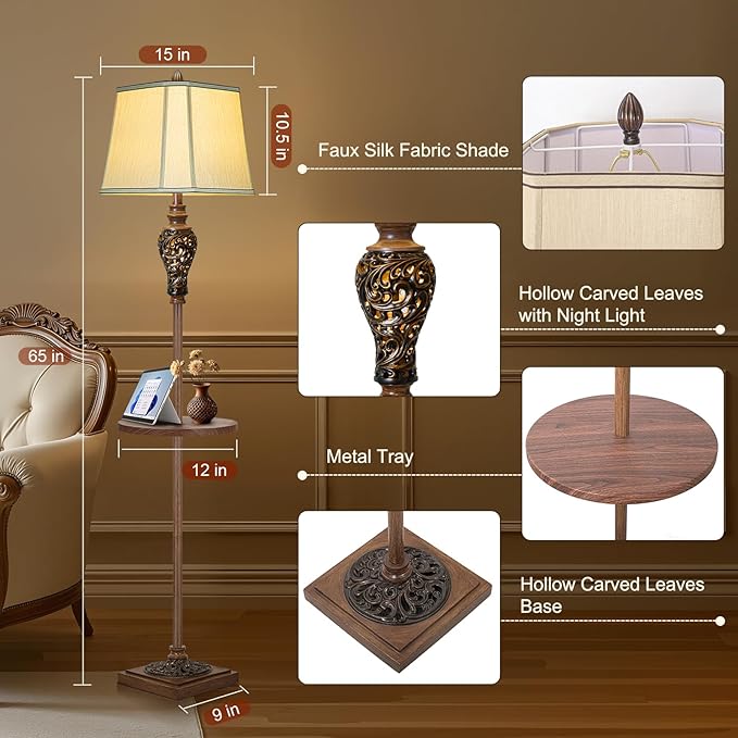 65" High Vintage Floor Lamp with Night Light and Glass Tray, Farmhouse Standing Lamp with Beige Faux Silk Shade, Retro Rustic Tall Lamp Decor for Living Room, Bedroom, Bedside, Corner (Bulb Included)-Ruum Studio Home
