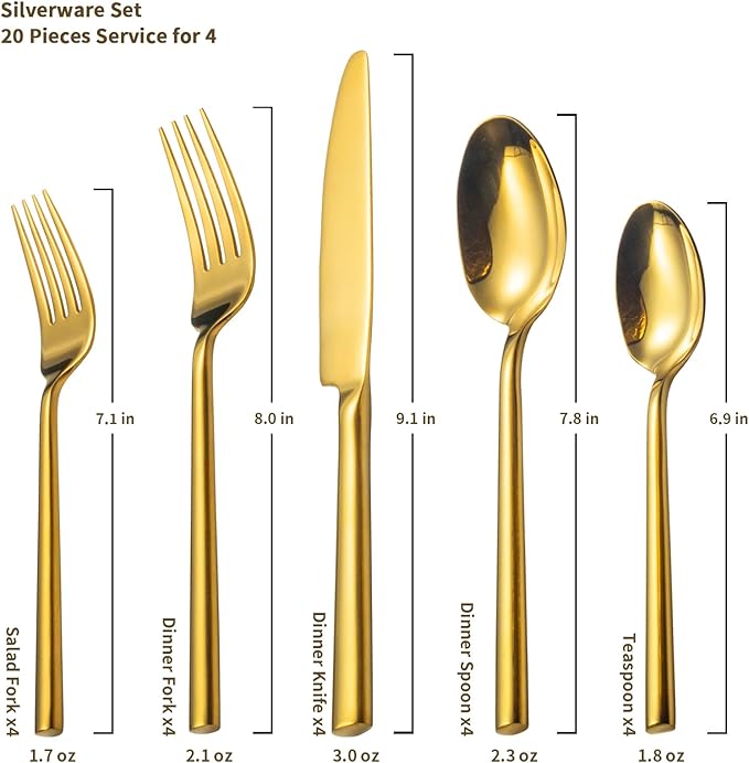 Alata Potter Gold 20-Piece Forged Silverware Set with Utensil-Serving Set, Service for 4, Stainless Steel Flatware Set, Modern Design with Mirror Finish, Ideal for Home, Kitchen, Party, Camping-Ruum Studio Home