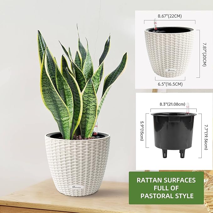 Dexceder 9x8 Inches Rattan Self Watering Planter Indoor Outdoor, Inner Pot Design, Thickened Table Flower Plant Pot with Water Level Indicator (Ivory White)-Ruum Studio Home