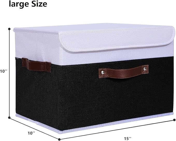 ANMINY 4PCS Storage Boxes with Lid Washable Decorative Storage Bins Basket with PU Leather Handle Foldable Linen Fabric Storage Cubes Containers for Home Closet Organizer - Black White, Large Size-Ruum Studio Home
