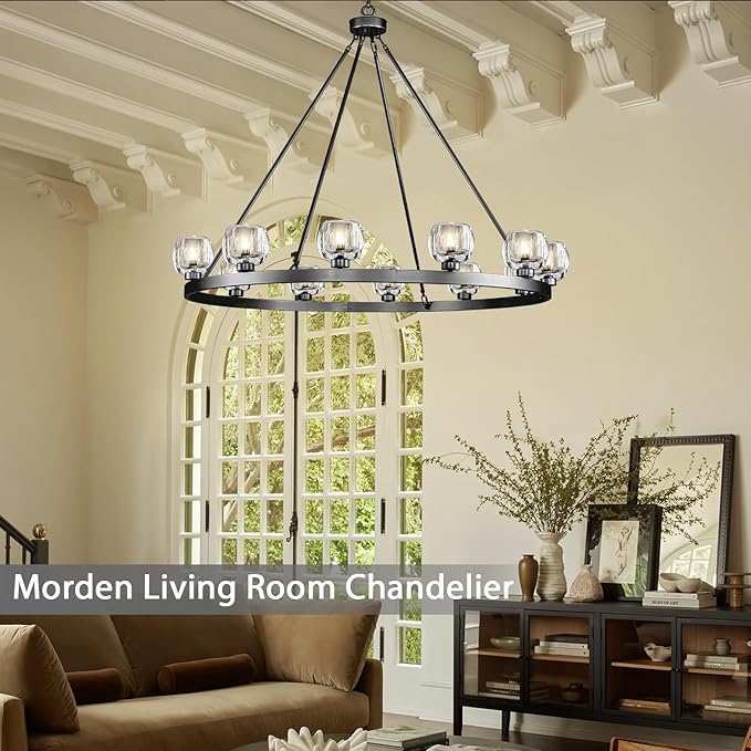Black Wagon Wheel Chandelier, 48 Inch Black Chandeliers with Unique Glass Shade, 12-Light Crystal Large Wagon Wheel Chandeliers for Dining Room, High Ceiling Round Chandelier for Living Room, Foyer-Ruum Studio Home