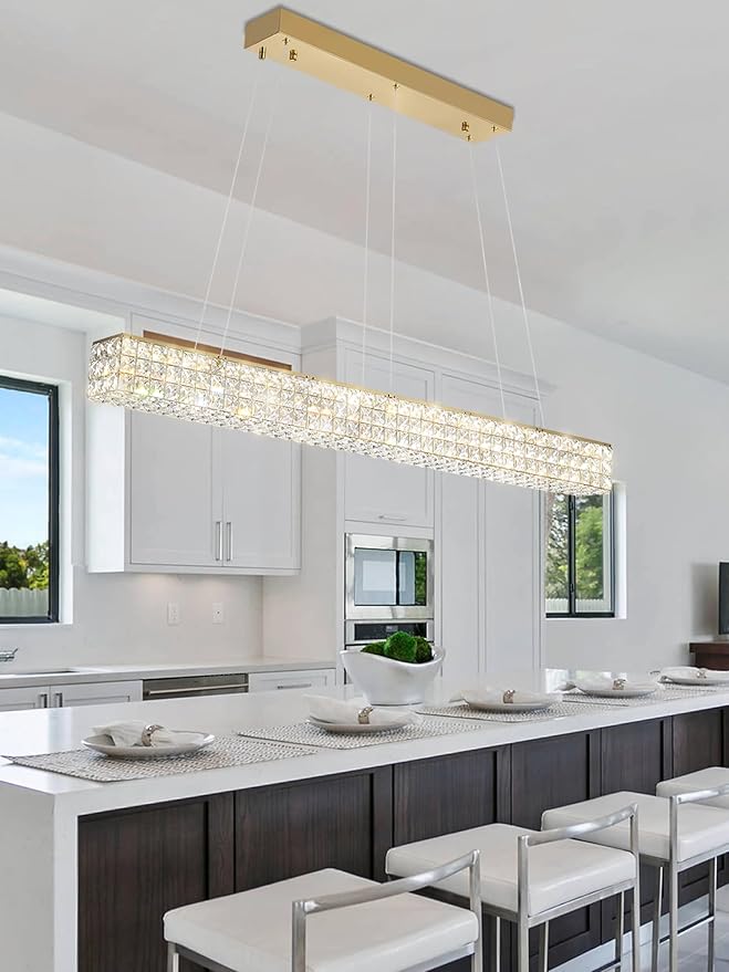 W48 Rectangular Gold Crystal Chandelier Modern Rectangle Pendant Ceiling Light Fixture for Living Room Dining Room Kitchen Island Bar-Ruum Studio Home