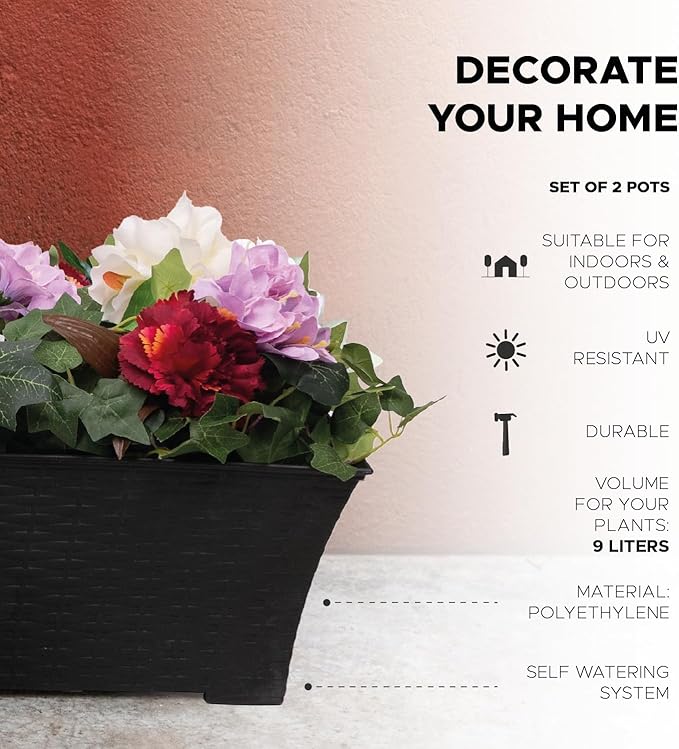 Elly Décor Set of 2 18x8 Rectangular Modern, Resistant and Self Watering Planter with Rattan-Like Finish, 18", Gray-Ruum Studio Home