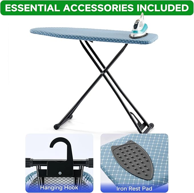 Compact Ironing Board 13 x 43, Iron Board with Heat Resistant Surface, Adjustable Height, Space Saving Table with Hook & Iron Rest for Home & Laundry Room, Diagonal Checkered Blue-Ruum Studio Home