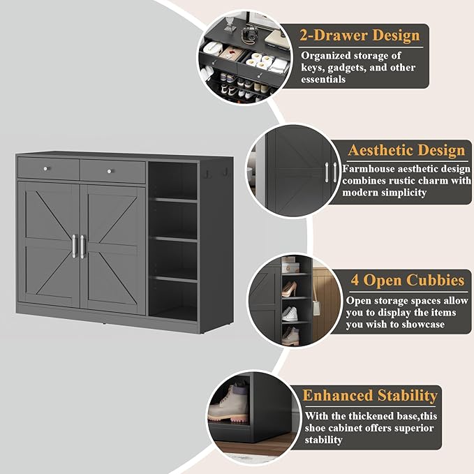 Loomie 5-Tier Shoe Cabinet with 4 Side Cubbies, Farmhouse Shoe Rack Cabinet with 6 Adjustable Shelves & 2 Drawers, Freestanding Shoe Storage Cabinet with 4 Brackets & 2 Hooks for Entryway (Black)-Ruum Studio Home