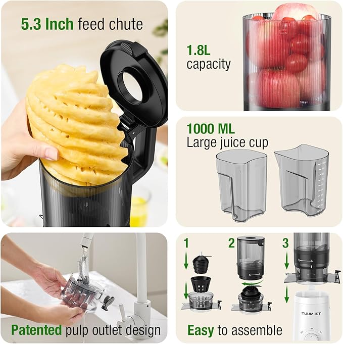Juicer Machines, TUUMIIST Cold Press Juicer with 5.3" Extra Large Feed Chute Fit Whole Fruits & Vegetables Easy to Clean, High Juice Yield, BPA Free (White)-Ruum Studio Home