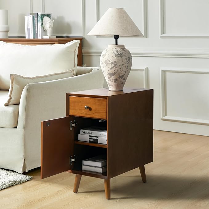 HULALA HOME End Table with Drawer and Charging Station, Modern End Table with USB Ports and Outlets, Wooden Side Table with Storage-Acorn-Ruum Studio Home