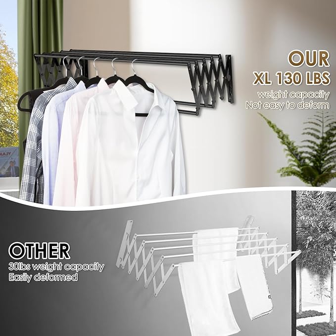 XL-31.5'' Wall Mounted Clothes Drying Rack, 130 lbs Large Capacity Rustproof Retractable Collapsible Drying Rack Easy Install with 7 Drying Rods, Space Saving Towel Clothes Rack for Laundry-Black-Ruum Studio Home