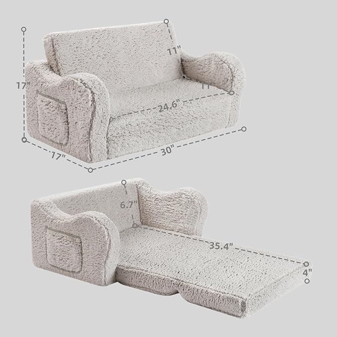 Kids Extra Wide Chairs for Toddler, 2-in-1 Toddler Soft Sherpa Couch Fold Out, Convertible Sofa to Lounger for Girls and Boys, Grey-Ruum Studio Home