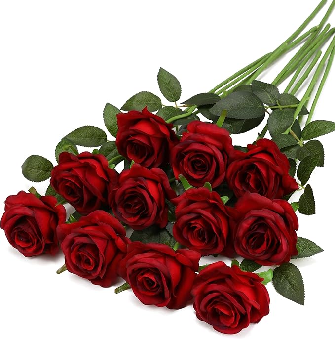Burgundy Fake Roses Artificial Flowers - 10 Pcs Fake Artificial Roses Silk Flowers with Stems for Home Wedding Hotel Office Centerpiece Decor（Burgundy）-Ruum Studio Home