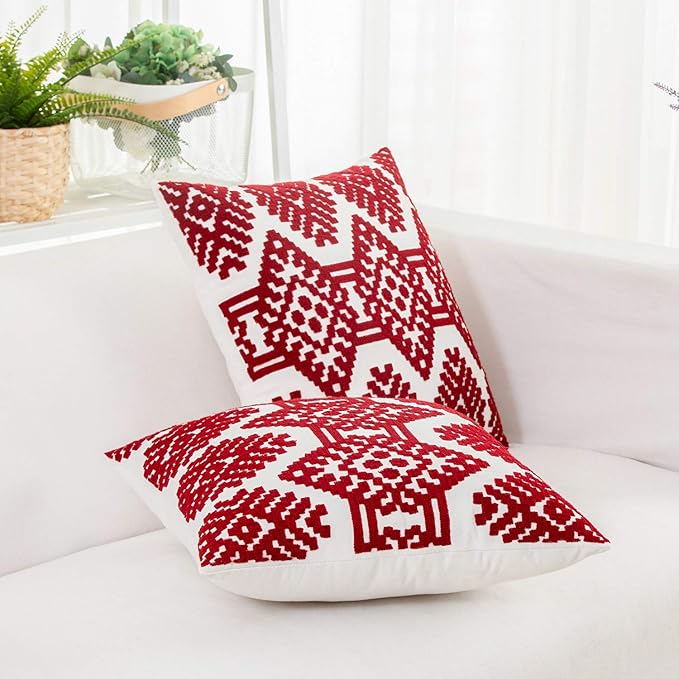 HWY 50 Red Decorative Throw Pillow Covers 18x18 Inch, Pack of 2 Embroidered Cotton Farmhouse Cushion Cover Pillow Case for Sofa Couch Living Room Bed Bedroon, Diamond Design-Ruum Studio Home