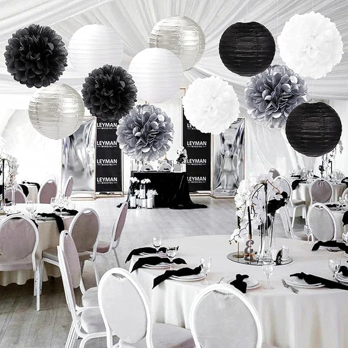 Black White Silver Party-Decorations Paper Flowers Lanterns - 15PCS Birthday Halloween Wedding Tissue Pom Poms Streamers, Halloween Prom Baby Shower Bachelorette Hanging Supplies Decor Hugfond-Ruum Studio Home