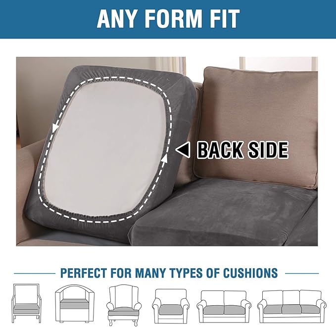 H.VERSAILTEX Velvet Stretch Couch Cushion Cover Plush Cushion Slipcover for Chair Loveseat Sofa Cushion Furniture Protector Seat Cushion Sofa Cover (3 Piece XL Sofa Cushion Covers, Grey)-Ruum Studio Home