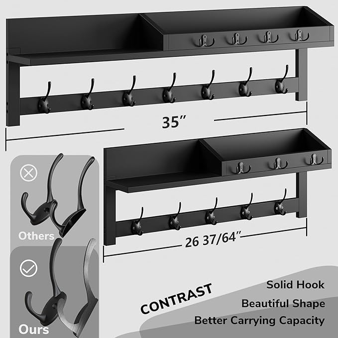 AMBIRD 35 inch Wall Hooks with Shelf, Coat Rack Wall Mount, Large Coat Hanger for Wall, Entryway Shelf with 7 Dual Coat Hooks, 4 Key Hooks and Mail Organizer, Wooden Key Holder Rack (Black)-Ruum Studio Home