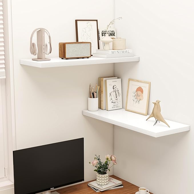 36" Floating Shelves for Wall, 12" Deep Slim White Floating Shelves, Wall-Mounted Shelves for Bedroom, Living Room, Kitchen, Bathroom - Set of 2-Ruum Studio Home
