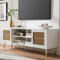 JYED Mid Century Modern TV Stand and Console for TVs Up to 75" - White Entertainment Center, 2 Gold Metal Mesh Doors & MDF Wood Grain, 15.8" D x 66" W x 23.5" H-Ruum Studio Home