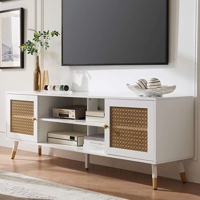 JYED Mid Century Modern TV Stand and Console for TVs Up to 75" - White Entertainment Center, 2 Gold Metal Mesh Doors & MDF Wood Grain, 15.8" D x 66" W x 23.5" H-Ruum Studio Home