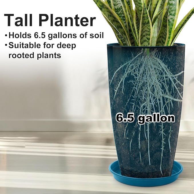 Tall Flower Pot Indoor - Outdoor Plant Pot - Turquoise Glossy Planter - Elegant Stone Imitation - 12" Diameter 21" Tall with Drainage Holes and Saucer-Ruum Studio Home
