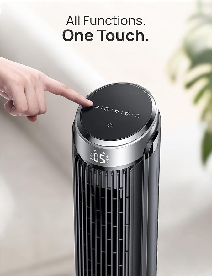 Dreo Tower Fan for Bedroom, 90° Oscillating Fans that Blow Cold Air, 5 Speeds, 4 Modes with 26ft/s Velocity, 12H & 28dB Quiet Timer, Remote, Touch, 40" Standing Floor Fan for Home Office, Black-Ruum Studio Home