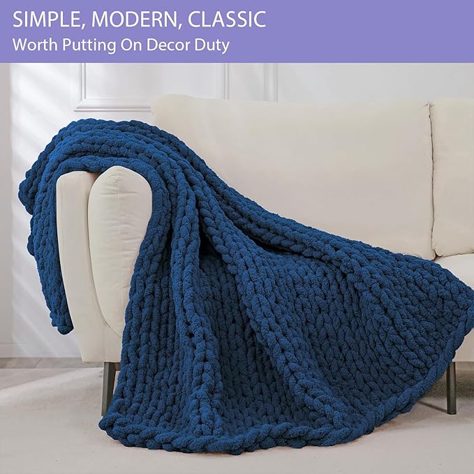 Bigacogo Chunky Knit Throw Blanket for Couch, 40x80 inches, 100% Hand Knitted with Thick Jumbo Chenille Yarn, Cozy Soft Large Rope Knot Cable Crochet Blankets for Sofa Bed Living Room, Navy Blue-Ruum Studio Home