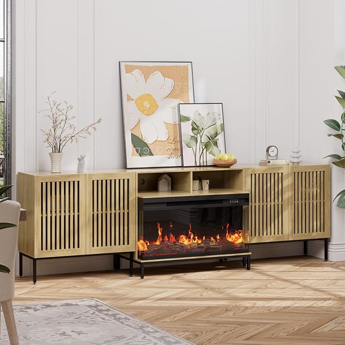 3-Sided Glass Farmhouse Fireplace TV Stand for TVs Up to 100 Inch, Entertainment Center with 36" Electric Fireplace, Oak TV Console with Storage Cabinets for Living Room-Ruum Studio Home
