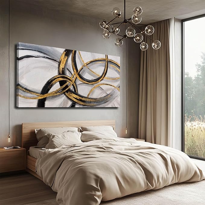 SOUGUAN Living Room Decor for Wall Abstract Wall Art 30x60in Black and Gold Wall Art Round Ring Wall Decoration for Bedroom Dining Room Home Office Ready to Hang-Ruum Studio Home