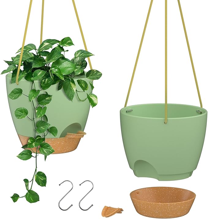 ZMTECH 10 Inch Hanging Planters for Indoor Outdoor Plants, 2 Pack Self Watering Hanging Plant Pots with Drainage Holes and Removable Saucer, Plastic Flower Hanging Pots with Watering Lip (Green)-Ruum Studio Home