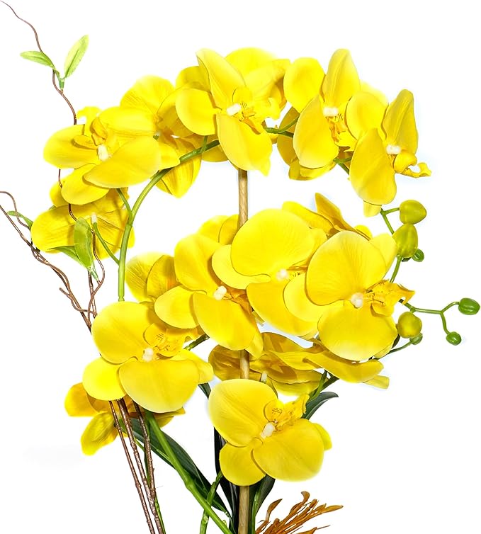 Orchid Artificial Flowers with Gray Vase Large Silk Faux Phalaenopsis Flowers for Dining Room Table Floral Centerpieces Indoor Decoration,Yellow-Ruum Studio Home