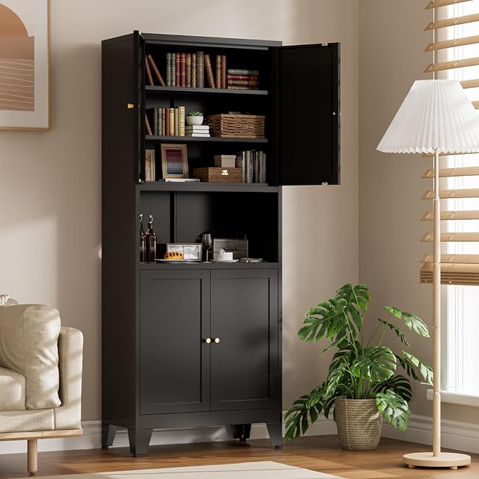 69" Tall Kitchen Pantry Cabinet, Metal Storage Cabinet with 4 Doors and Adjustbale Shelves, Freestanding Cupboards for Dining Room, Living Room, Bathroom-Ruum Studio Home