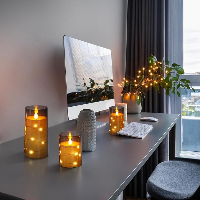 Aignis Flickering Flameless Candles Battery Operated Candles LED Candles with Remote Timer for Home/Wedding/Birthday/Holiday Decor, Grey 3D Flame Set of 3 (D3 xH4 5" 6")-Ruum Studio Home