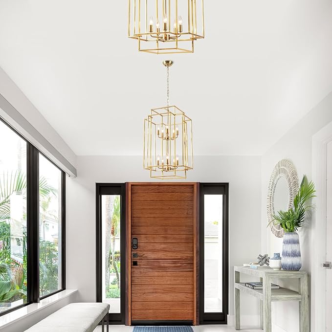 30" Farmhouse Gold Chandelier, 10-Light Foyer Lighting Fixtures, Lantern Tiered Pendant Light Fixtures, Metal Rustic High Ceiling Chandelier for Dining Room Entryway Staircase-Ruum Studio Home
