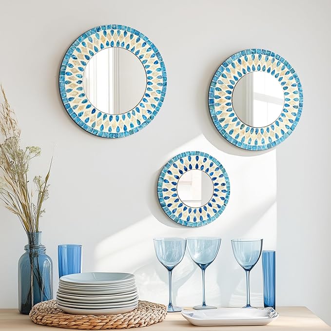 TEIPAI Handmade Mother of Pearl Mirror for Wall Decor, 3PCS Round Decorative Mirrors for Beach Nautical Home Hotel Coffee Shop, Natural Plate Art Hanging Sculpture for Dorm Apartment Entryway (Blue)-Ruum Studio Home