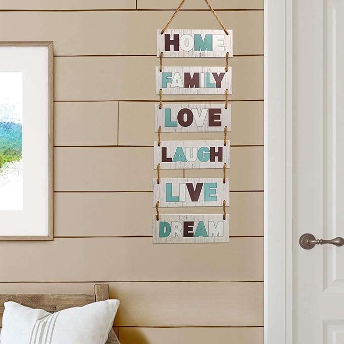 EXCELLO GLOBAL PRODUCTS Large Hanging Wall Sign: Rustic Wooden Decor (Family, Home, Love, Laugh, Live, Dream) Hanging Wood Wall Decoration (11.75" x 32")-Ruum Studio Home