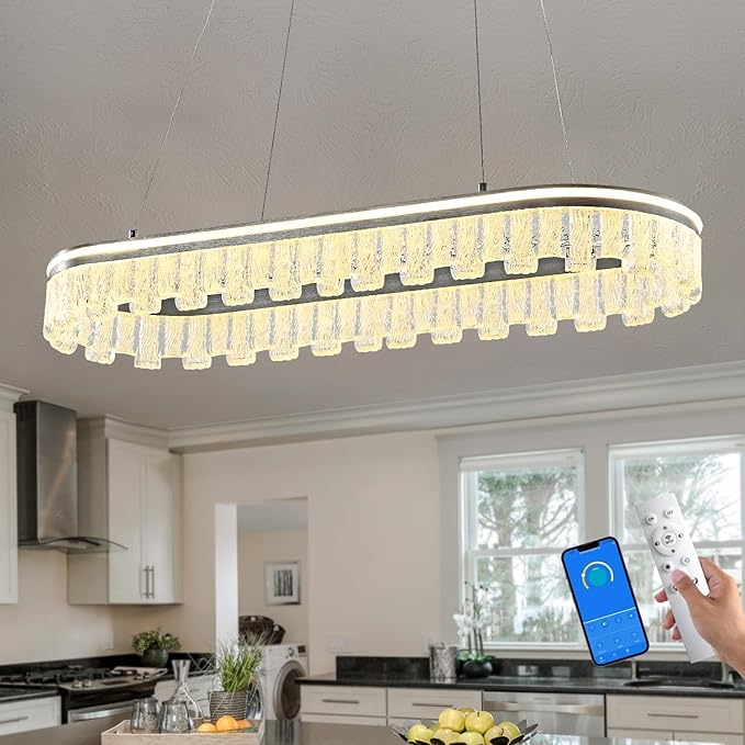 Modern Pendant Lights Kitchen Island, 35.5" Dimmable LED Elliptical Runway Light Fixture Silvery Gray Aluminum Bar Lights Hanging for Dining Room, Kitchen, Restaurant, Living Room-Ruum Studio Home
