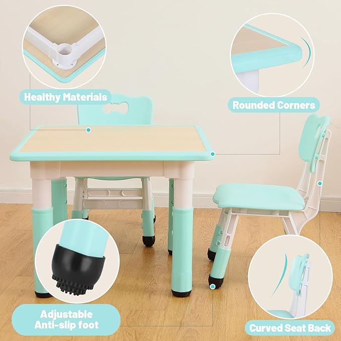 FUNLIO Kids Table and 4 Chairs Set, Height Adjustable Toddler Table and Chair Set for Ages 3-8, Easy to Wipe Arts & Crafts Table, for Classrooms/Daycares/Homes, CPC & CE Approved (5-Piece Set) - Green-Ruum Studio Home