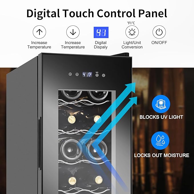 Wine Cooler Refrigerator 12 Bottles, Small Wine Fridge Mini Wine Fridge Countertop with Glass Door Wine Cellars for Red Wine, Champagne, Dry White Wine, Sparkling Wines-Ruum Studio Home