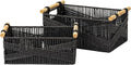 LA JOLIE MUSE Wicker Storage Baskets for Organizing, Recyclable Paper Rope Basket with Wood Handles, Decorative Hand Woven Basket Organizers for Makeup Books Shelves Living Room, Black, Set of 2-Ruum Studio Home