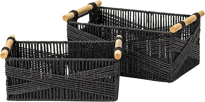 LA JOLIE MUSE Wicker Storage Baskets for Organizing, Recyclable Paper Rope Basket with Wood Handles, Decorative Hand Woven Basket Organizers for Makeup Books Shelves Living Room, Black, Set of 2-Ruum Studio Home