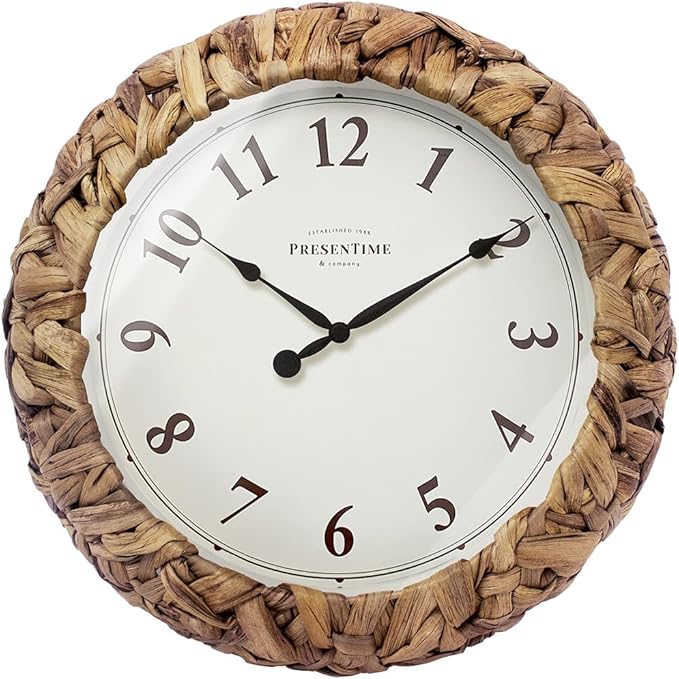 Presentime & Co. Farmhouse Series, Rustic Woven Clock, 12.6 inch, Natural Woven Water Hyacinth/Sea Grass. Wall Sculpture, Wall Art and Timepiece for Home Decoration/Decoration/Farmhouse Décor-Ruum Studio Home