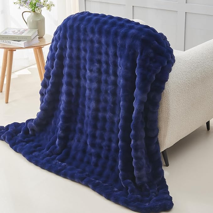 NEWCOSPLAY Faux Fur Throw Blanket Dark Navy Bubble Blanket Thick Warm Soft for Couch Sofa Bed 550GSM (Dark Navy, Throw(50"x60"))-Ruum Studio Home