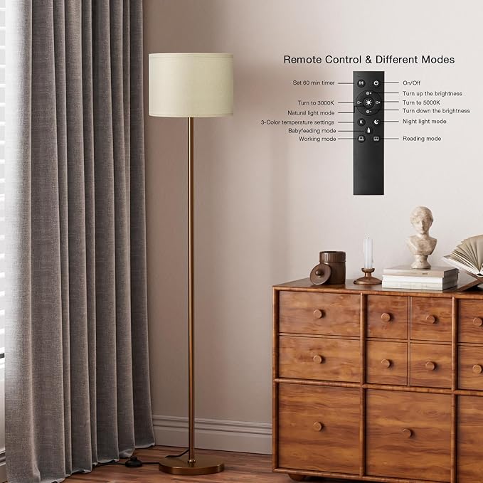 Ambimall Floor Lamps for Living Room with Remote Control and Stepless Dimmable Colors Temperature & Brightness, 9W Bulb Included(Beige Lampshade & Brown Pole)-Ruum Studio Home